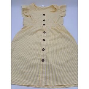 Yellow White Striped Ruffle Sleeve Button Front Dress Girls Size 11-12Y